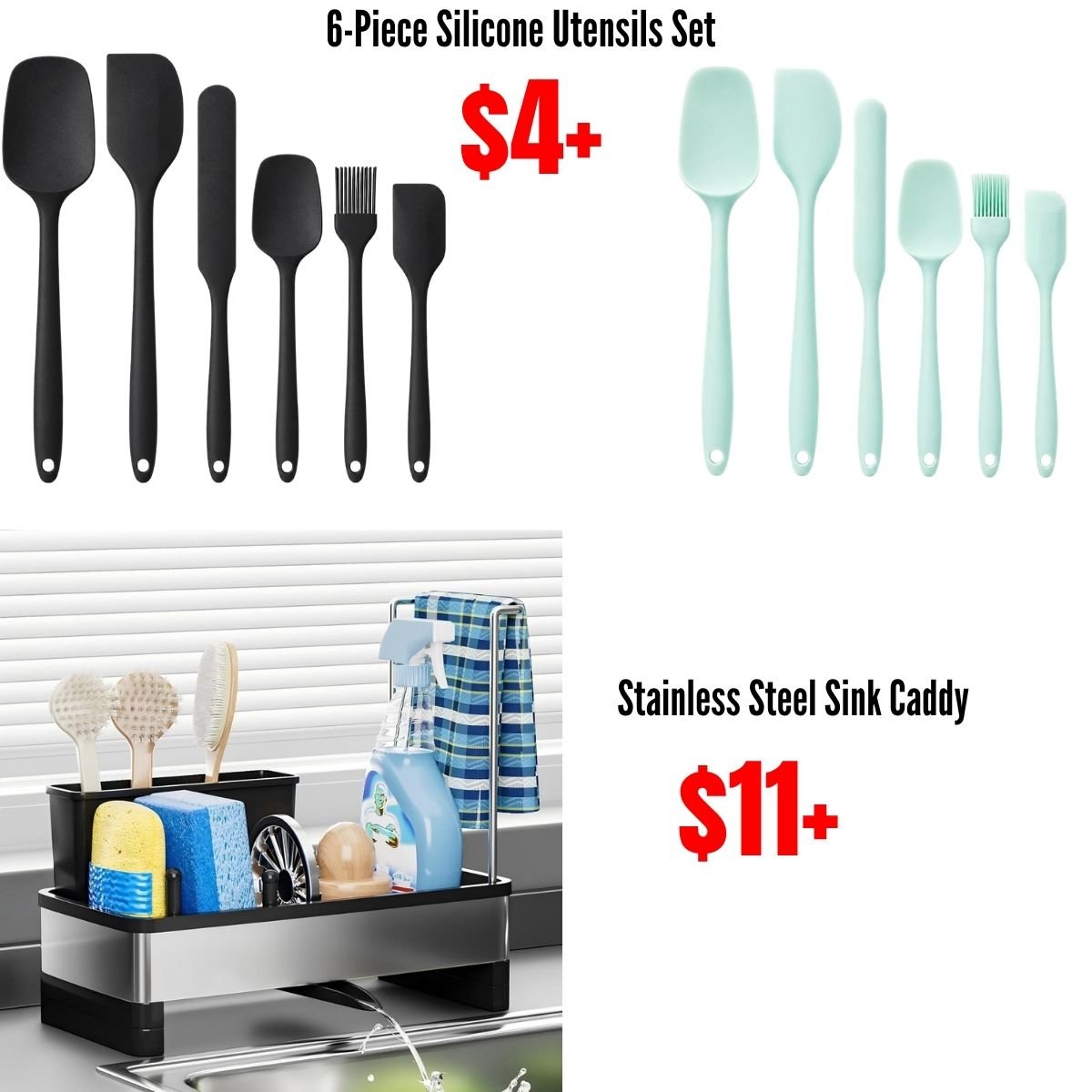 Stainless Steel Sink Caddy, 6-Piece Silicone Utensils Set