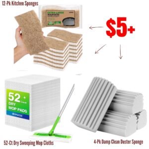 12-Pk Kitchen Sponges, | 4-Pk Damp Clean Duster Sponge| 52-Ct Dry Sweeping Mop Cloths