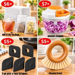 400-ct diy Tea Bags| 5-pk pots & Pans Scrapers | manual chopper  |Cleaning brush