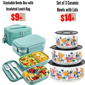 Set of 3 Ceramic Bowls with Lids, Stackable Bento Box with Insulated Lunch Bag