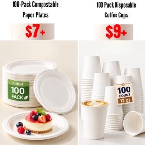100-Pack Compostable Paper Plates, 100 Pack Disposable Coffee Cups