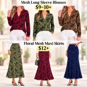 Womens Floral Mesh Maxi Skirts & Long Sleeve Blouses