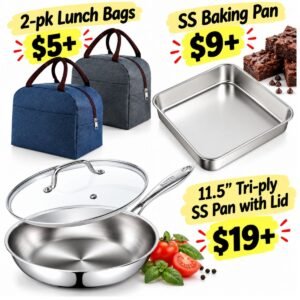 2-pk Lunch Bags  | SS baking pan  | 11.5″ Tri-ply SS pan w/ lid