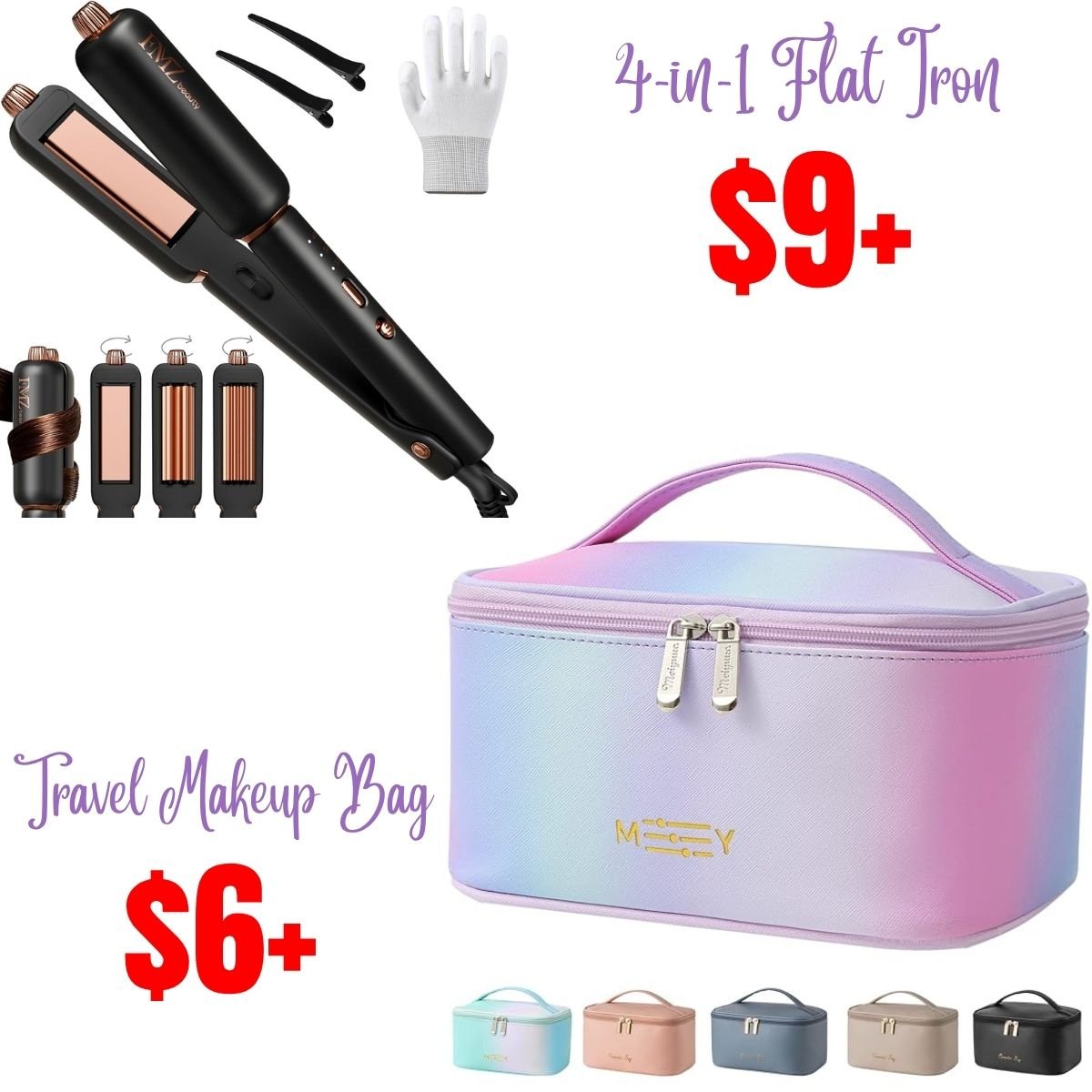 Rotating 4-in-1 Flat Iron for Straightening & Curling, | Travel Makeup Bag