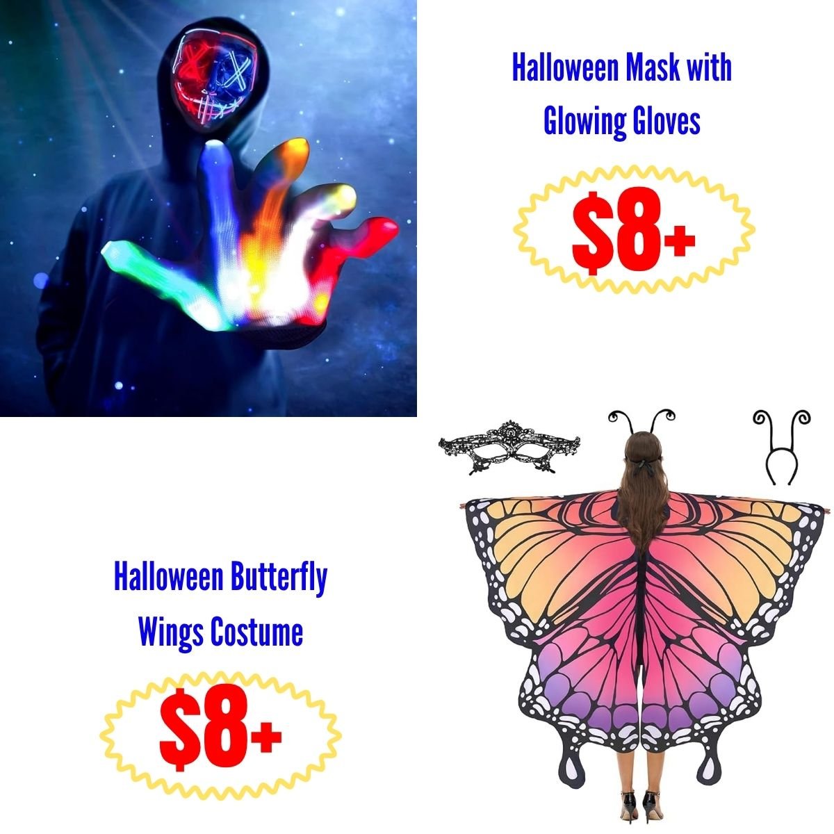 Halloween Mask with Glowing Gloves, Halloween Butterfly Wings Costume