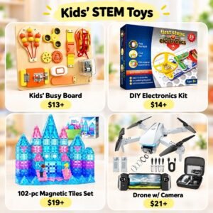 Kids’ busy board | DIY electronic kit w/ 15 STEM projects| 102-pc magnetic tiles set | Drone w/ camera