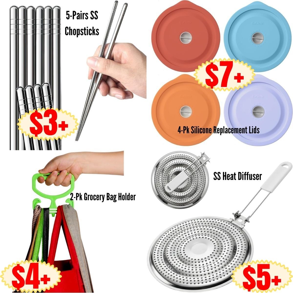 4-Pk Silicone Replacement Lids |SS Heat Diffuser |2-Pk Grocery Bag Holder |5-Pairs SS Chopsticks